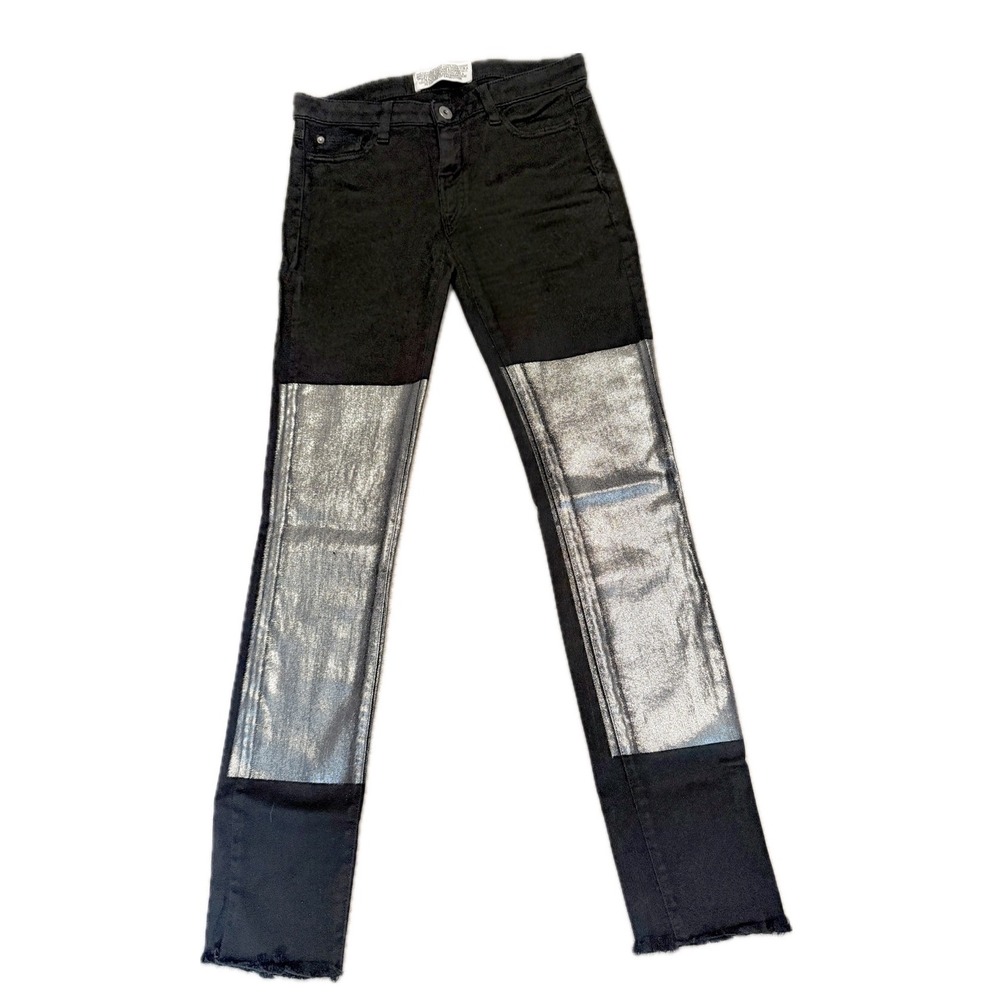 👖🥂 EACH X OTHER Paris Black Silver Metallic Panel Skinny NYE Jeans Women's 27